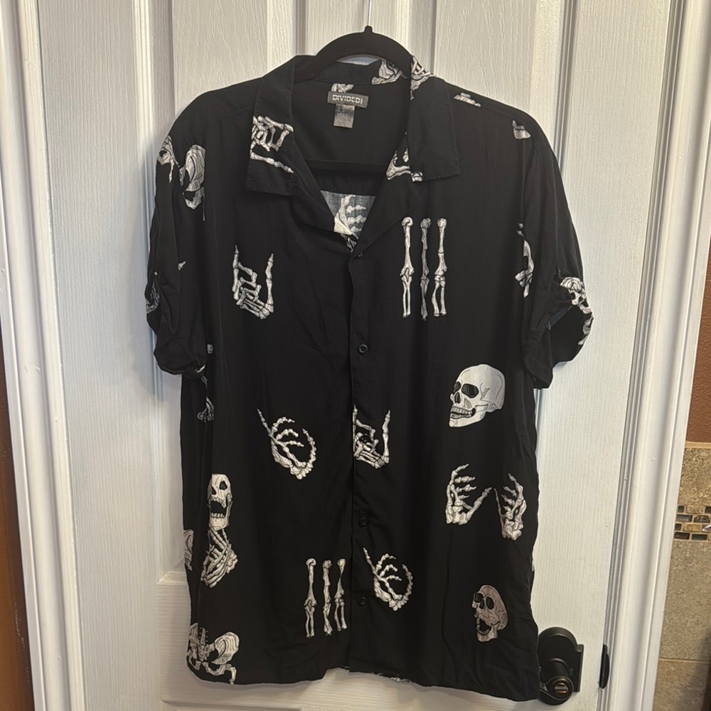 Black Skeleton Print Button-Up Shirt